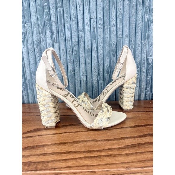 Sam Edelman Shoes - Sam Edelman Woven Raffia Block Heel Sandals Beige Metallic Silver Ankle Strap 7